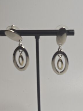 Oval Drop Earrings in Silver  Tone.